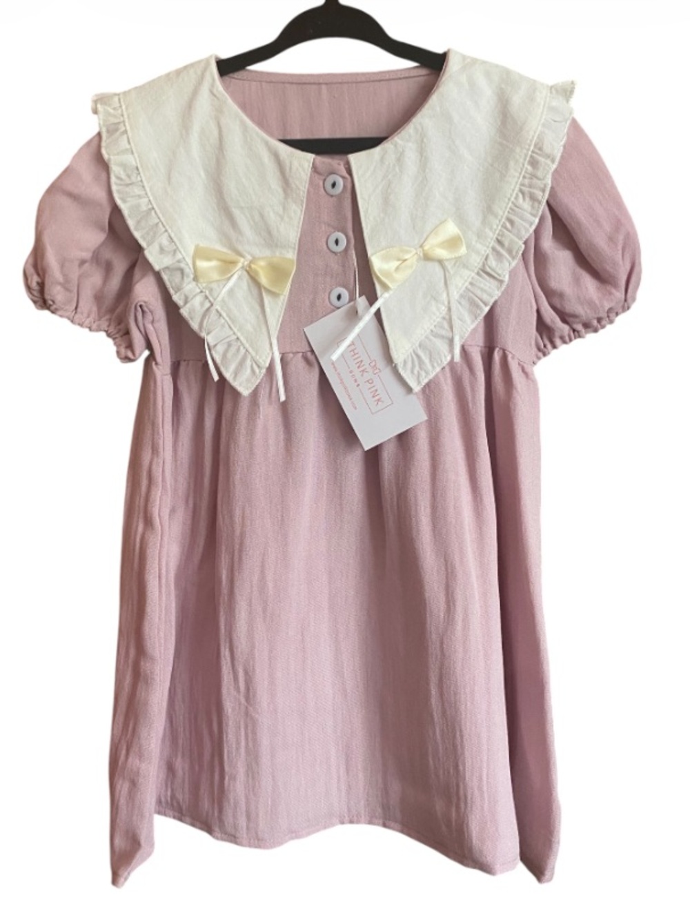 Think Pink Boutique Pink Puff Sleeve Dress Ivory Peter Pan Collar NWT Size 2/3